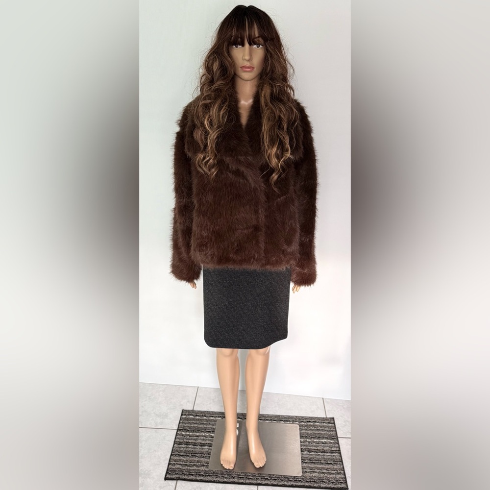 Faux Fur Coat Fluffy Winter Jacket with Lapel Collar Brown Women's Size Small